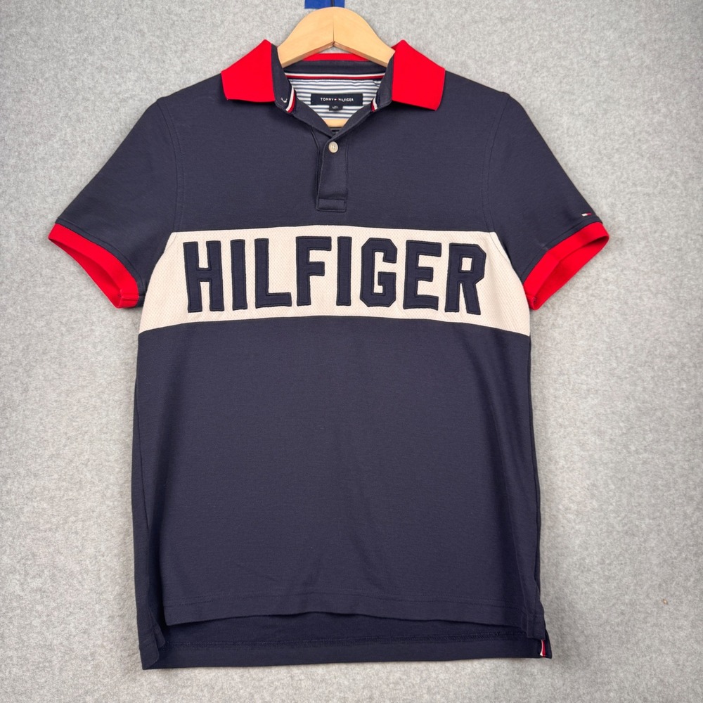 Tommy Hilfiger Polo Shirt Womens XS Navy Blue Spellout Logo Short Sleeve 90s Y2K